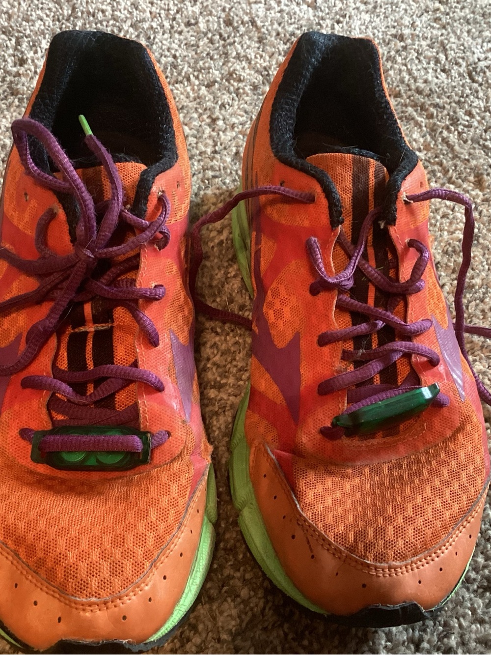 Mizuno Orange Athletic Shoes with Purple Laces and Green Accents